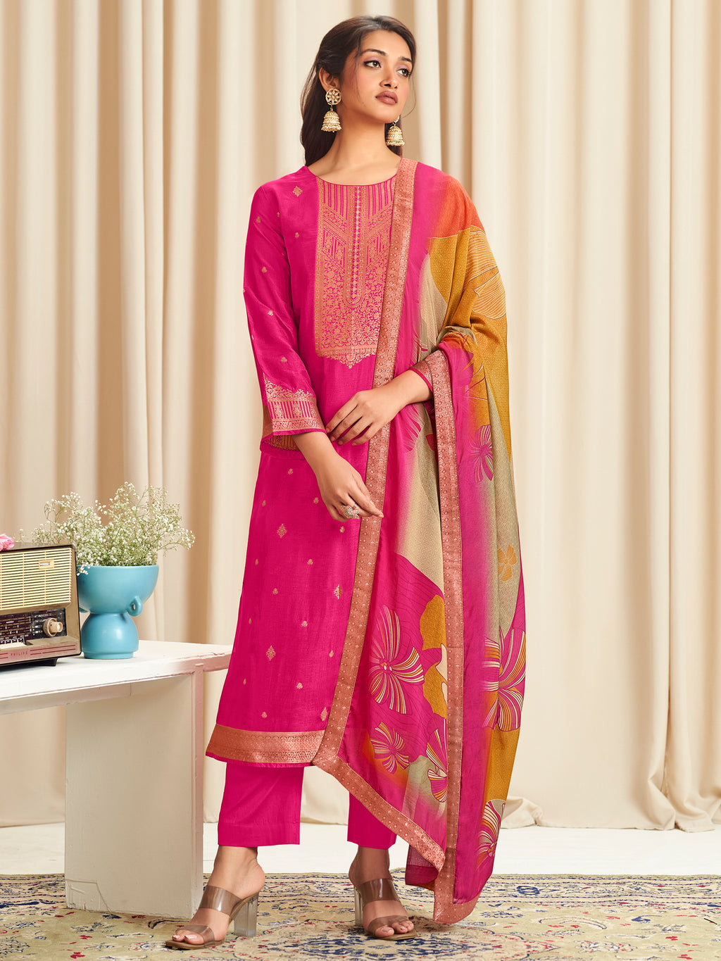 Majestic Magenta Dola Silk Jacquard Designer Suit | Traditional Woven with Digital Print Dupatta
