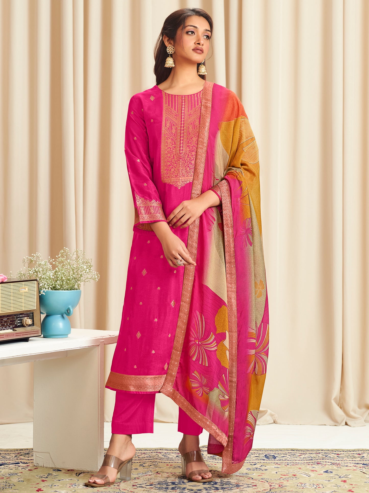 Majestic Magenta Dola Silk Jacquard Designer Suit | Traditional Woven with Digital Print Dupatta| Unstitched Fabric