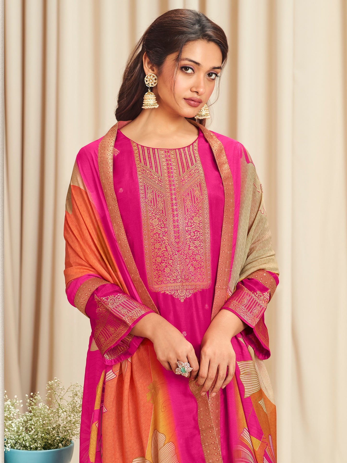 Majestic Magenta Dola Silk Jacquard Designer Suit | Traditional Woven with Digital Print Dupatta| Unstitched Fabric