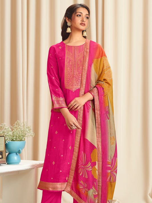 Majestic Magenta Dola Silk Jacquard Designer Suit | Traditional Woven with Digital Print Dupatta| Unstitched Fabric