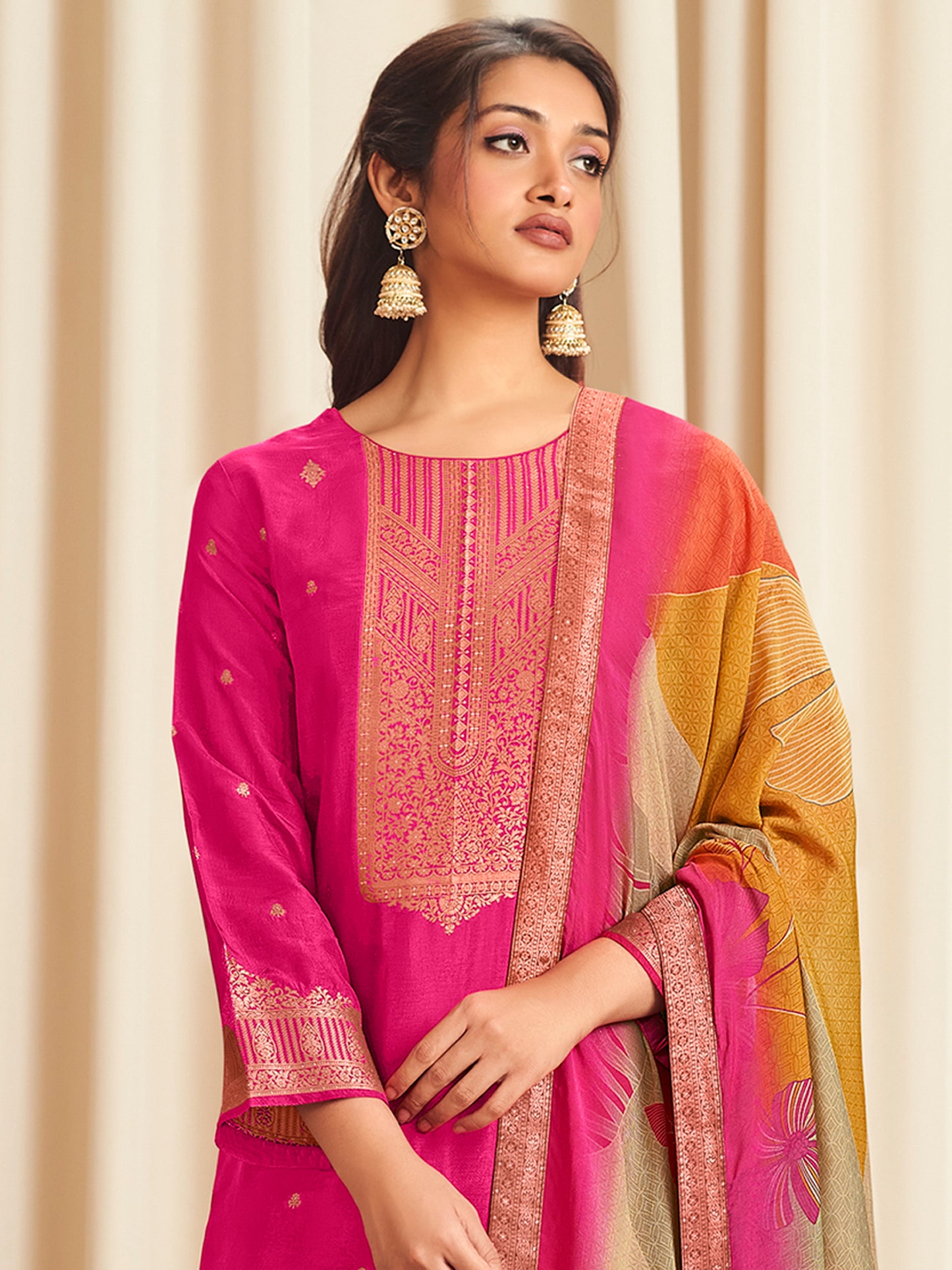 Majestic Magenta Dola Silk Jacquard Designer Suit | Traditional Woven with Digital Print Dupatta| Unstitched Fabric