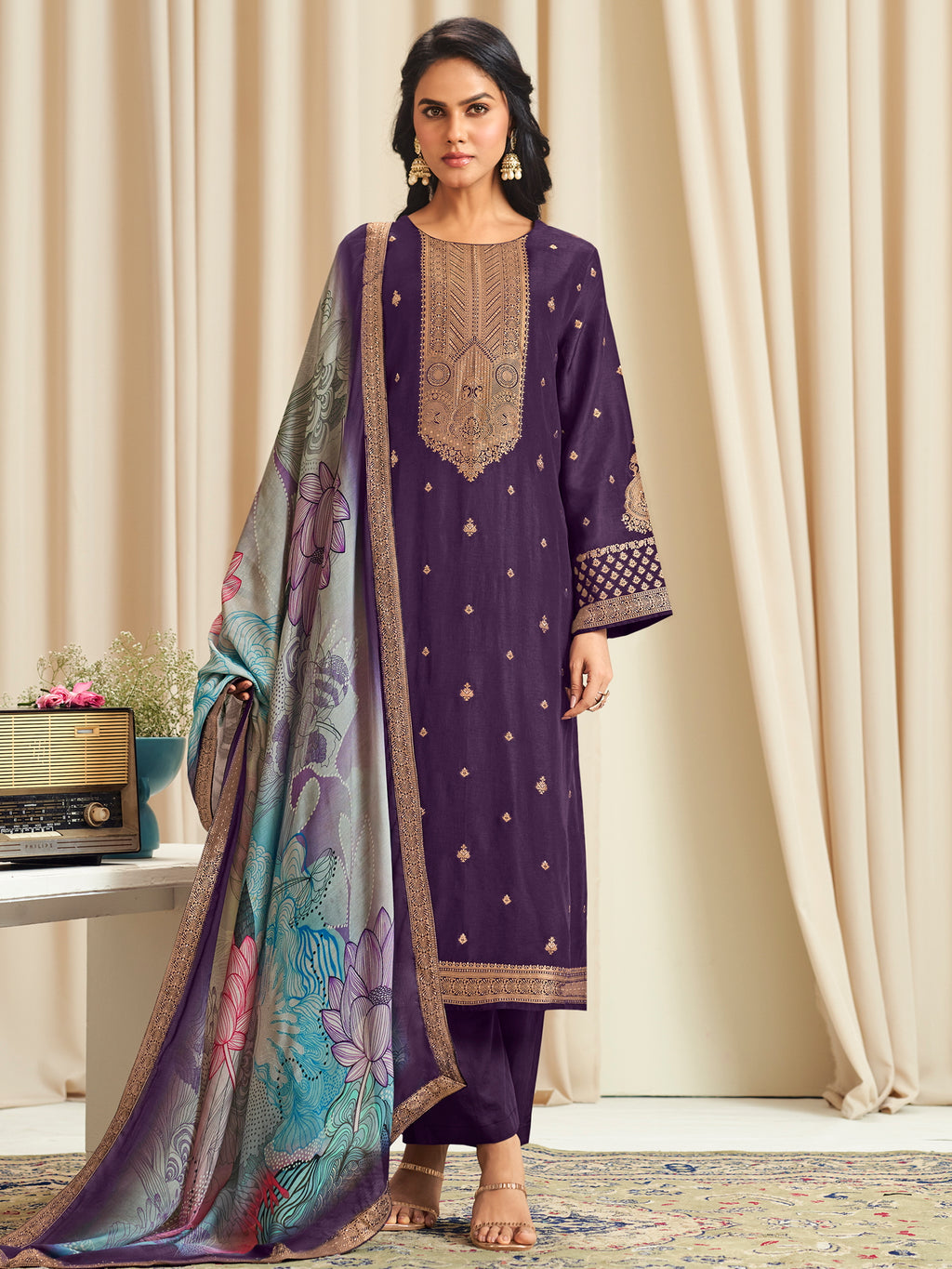 Vibrant Violet Dola Silk Jacquard Designer Suit | Traditional Woven with Digital Print Dupatta