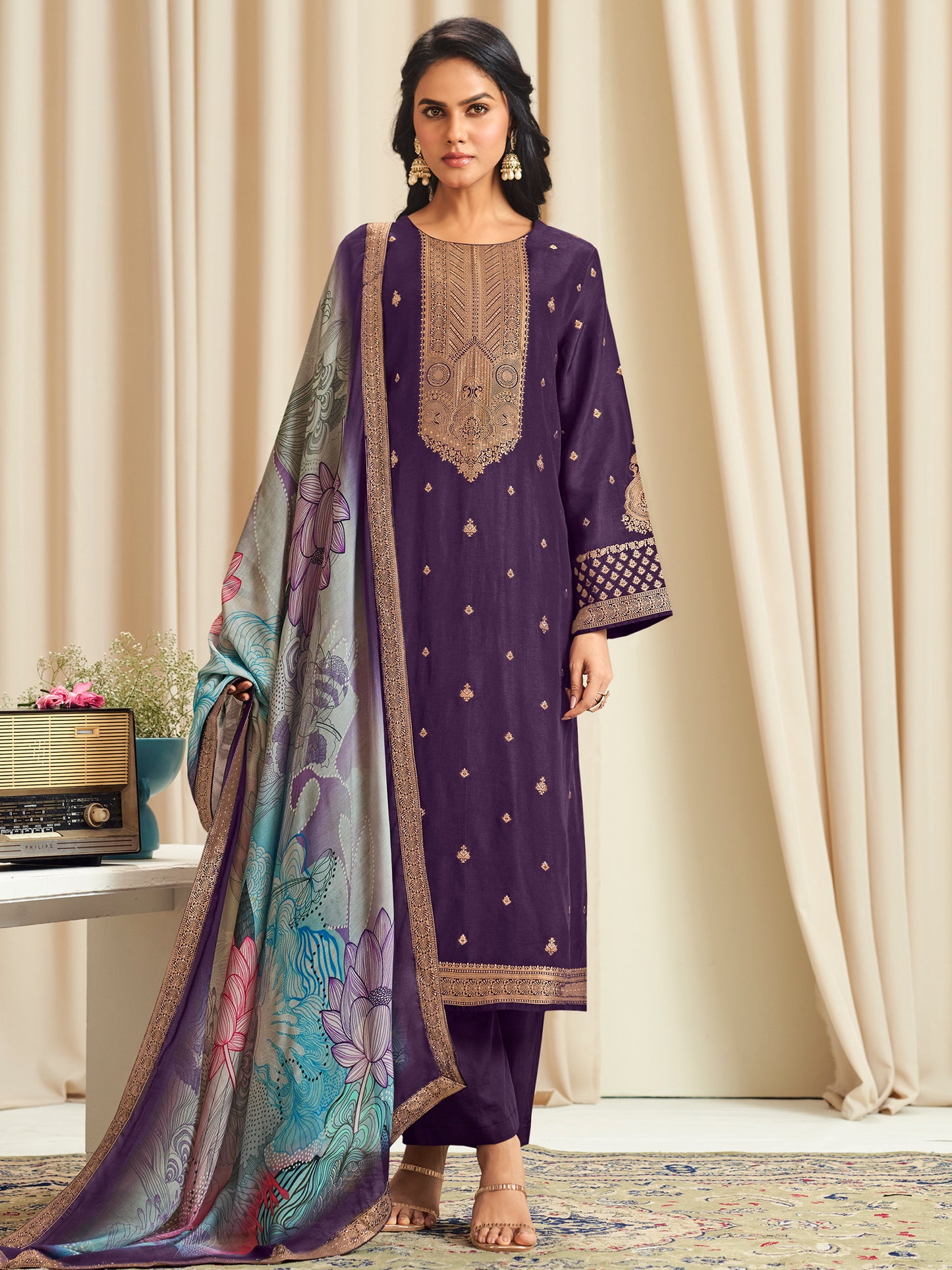 Vibrant Violet Dola Silk Jacquard Designer Suit | Traditional Woven with Digital Print Dupatta| Unstitched Fabric