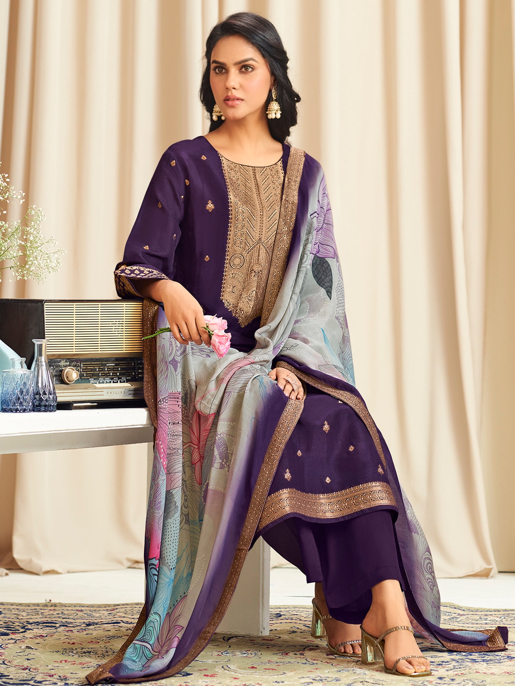 Vibrant Violet Dola Silk Jacquard Designer Suit | Traditional Woven with Digital Print Dupatta