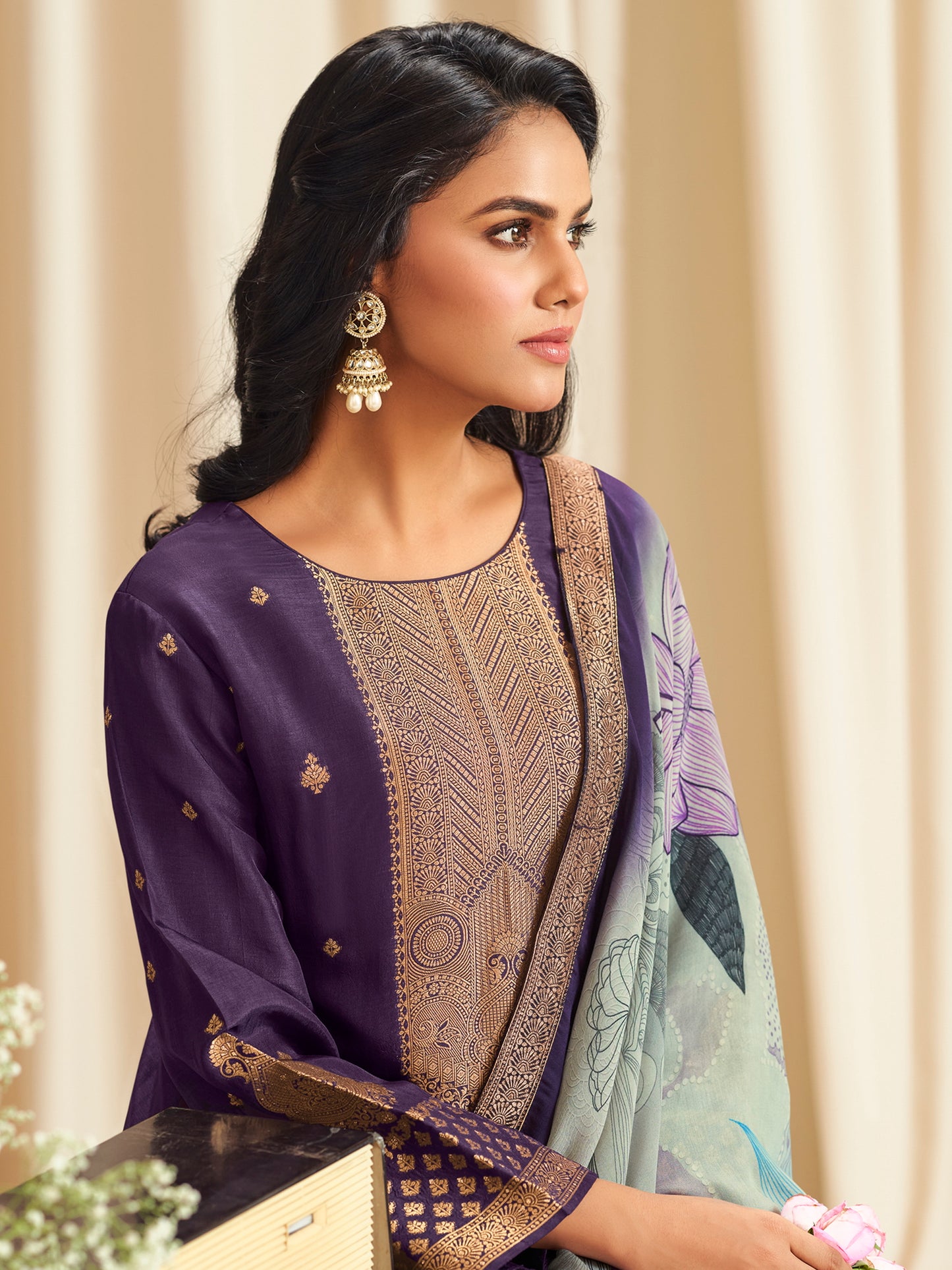 Vibrant Violet Dola Silk Jacquard Designer Suit | Traditional Woven with Digital Print Dupatta| Unstitched Fabric