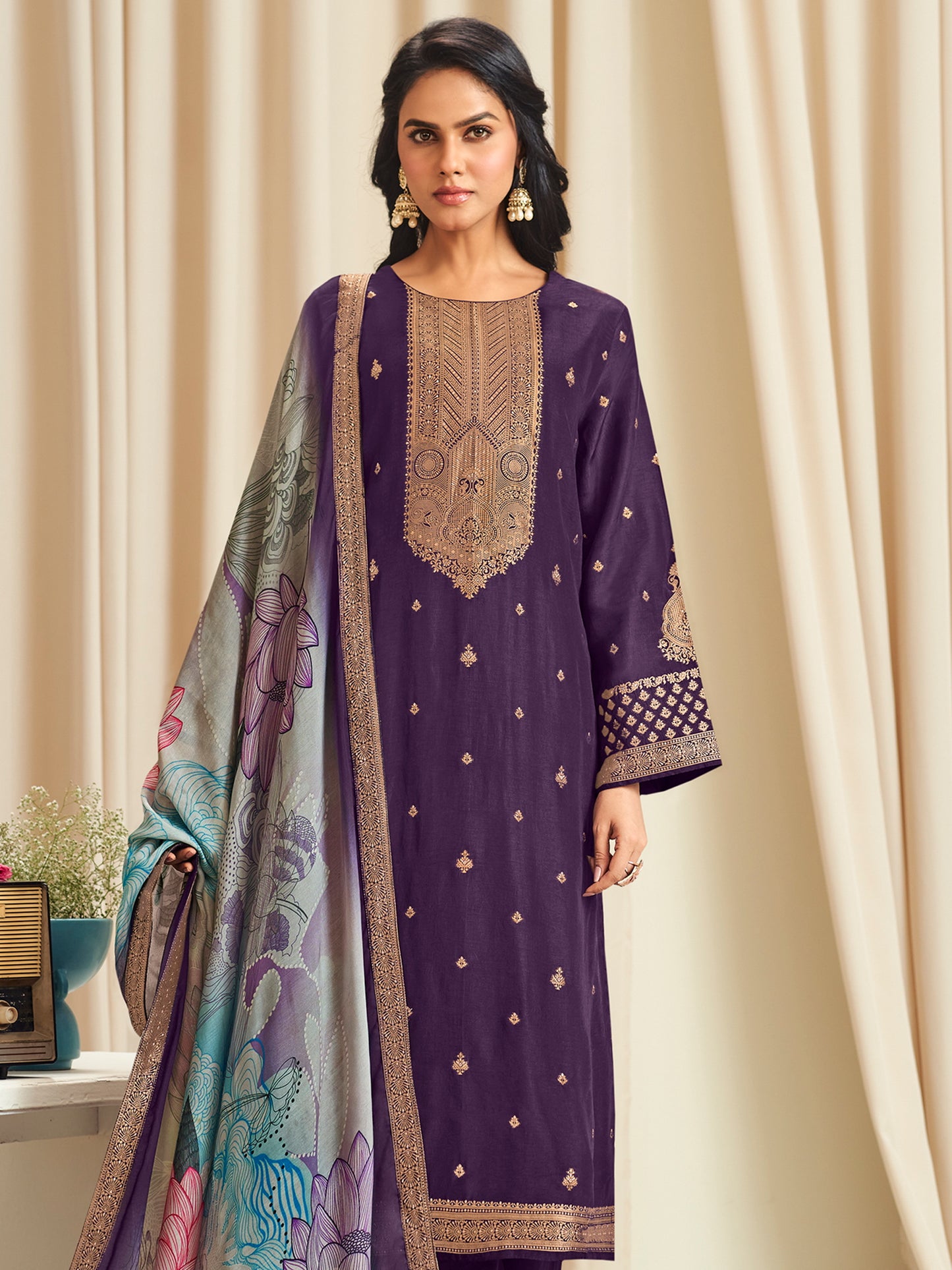 Vibrant Violet Dola Silk Jacquard Designer Suit | Traditional Woven with Digital Print Dupatta| Unstitched Fabric