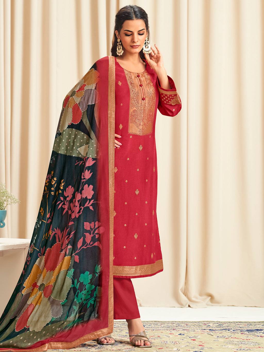 Radiant Red Dola Silk Jacquard Designer Suit | Traditional Woven with Multi-Toned Dupatta