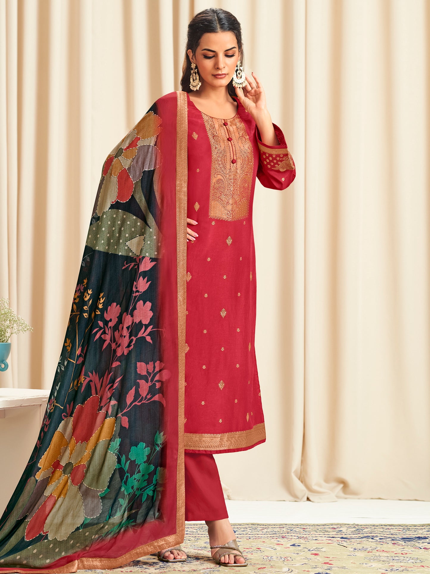 Radiant Red Dola Silk Jacquard Designer Suit | Traditional Woven with Multi-Toned Dupatta| Unstitched Fabric