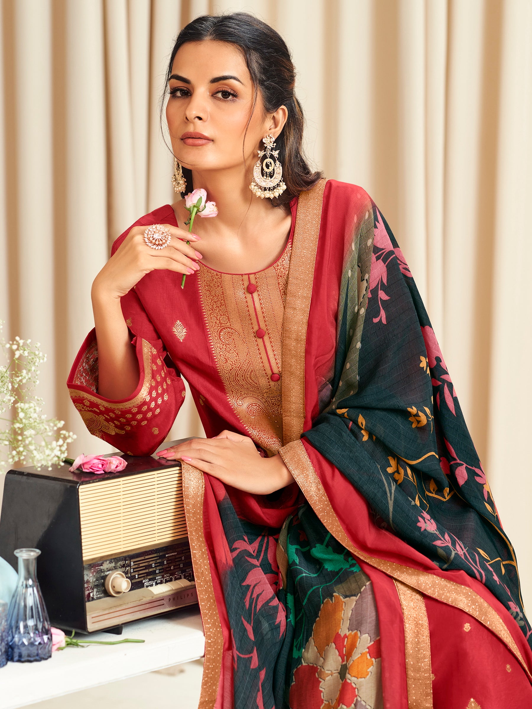 Radiant Red Dola Silk Jacquard Designer Suit | Traditional Woven with Multi-Toned Dupatta