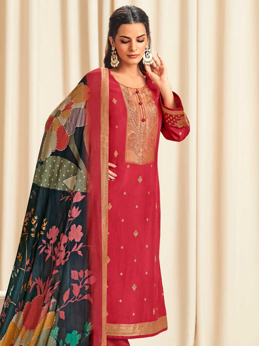 Radiant Red Dola Silk Jacquard Designer Suit | Traditional Woven with Multi-Toned Dupatta