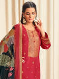 Radiant Red Dola Silk Jacquard Designer Suit | Traditional Woven with Multi-Toned Dupatta