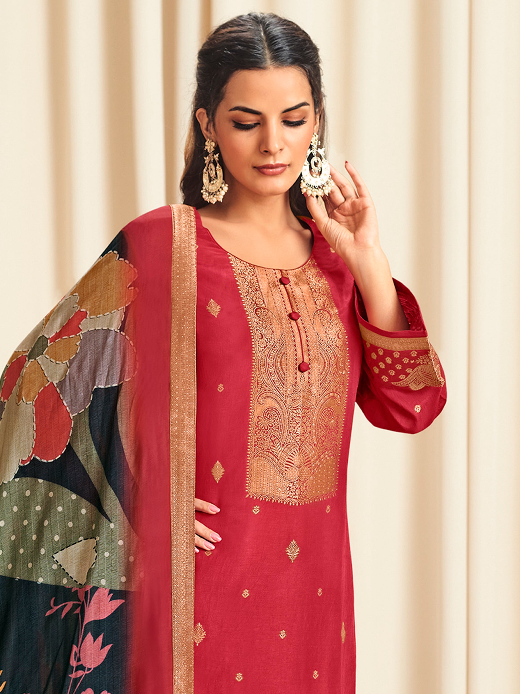 Radiant Red Dola Silk Jacquard Designer Suit | Traditional Woven with Multi-Toned Dupatta