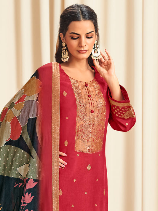 Radiant Red Dola Silk Jacquard Designer Suit | Traditional Woven with Multi-Toned Dupatta| Unstitched Fabric