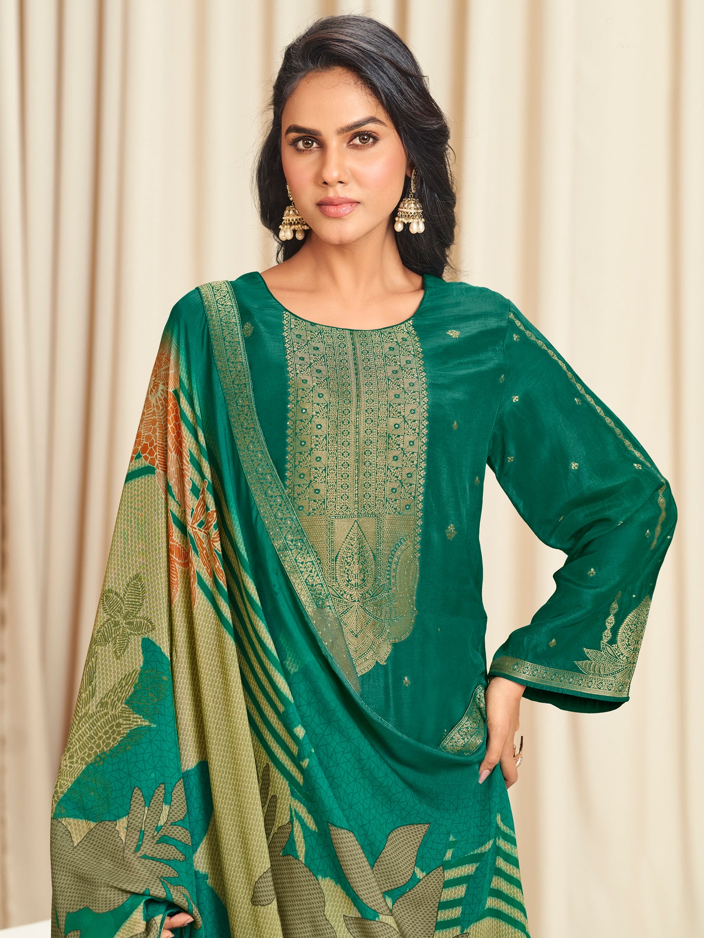 Enchanting Green Dola Silk Jacquard Designer Suit | Traditional Woven with Digital Print Dupatta| Unstitched Fabric