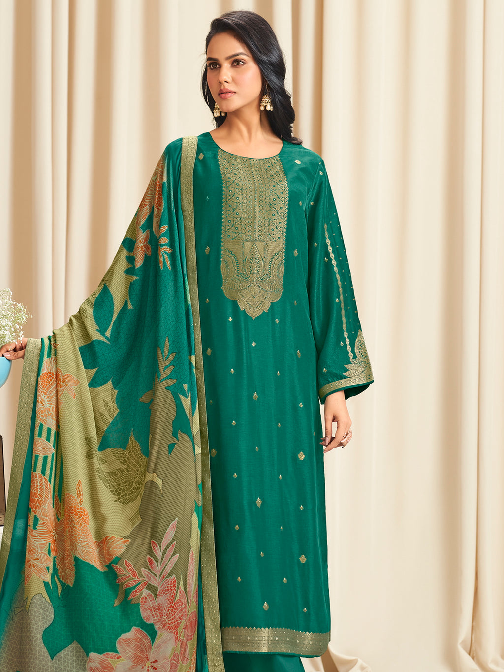 Enchanting Green Dola Silk Jacquard Designer Suit | Traditional Woven with Digital Print Dupatta