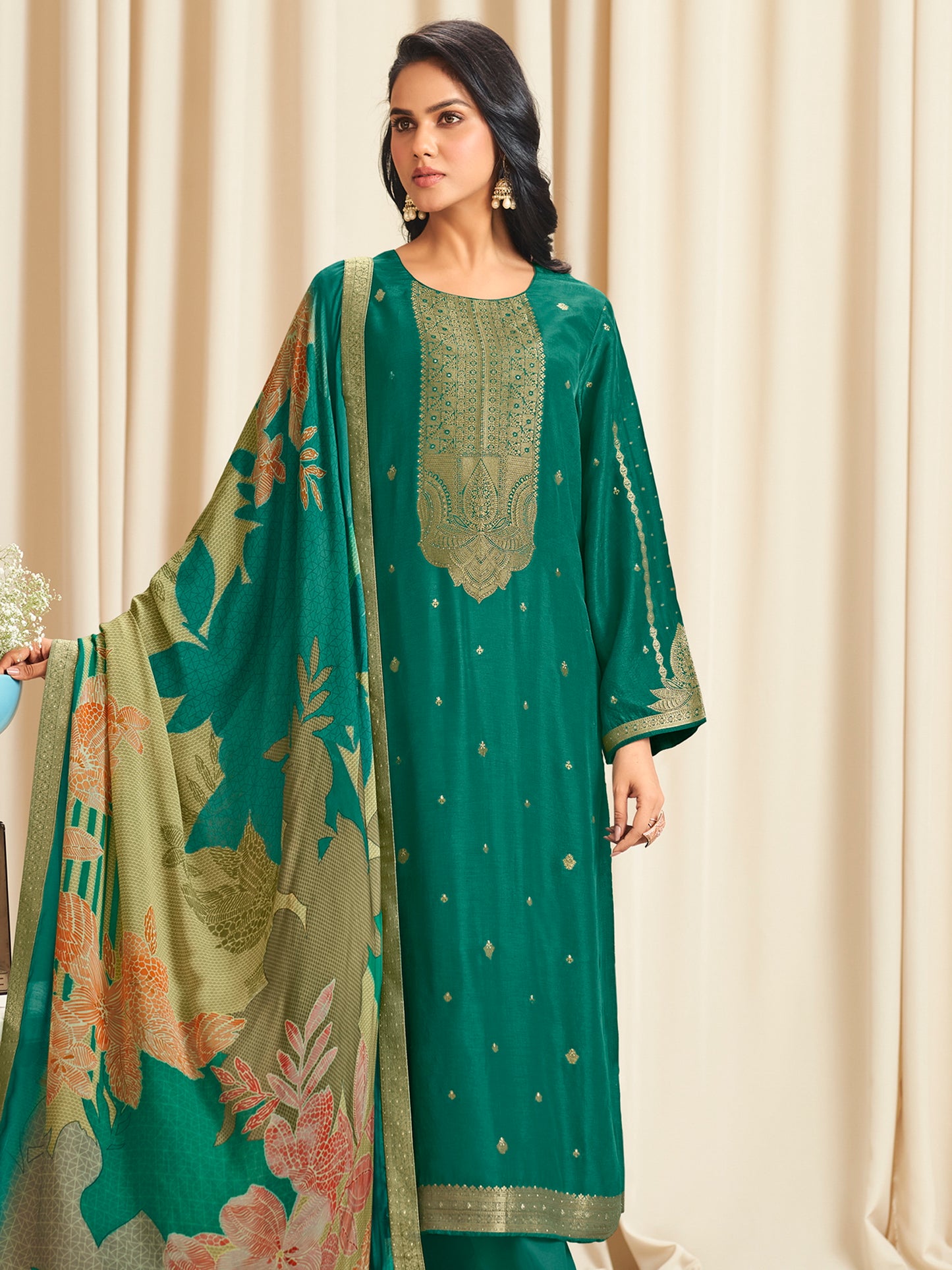 Enchanting Green Dola Silk Jacquard Designer Suit | Traditional Woven with Digital Print Dupatta| Unstitched Fabric