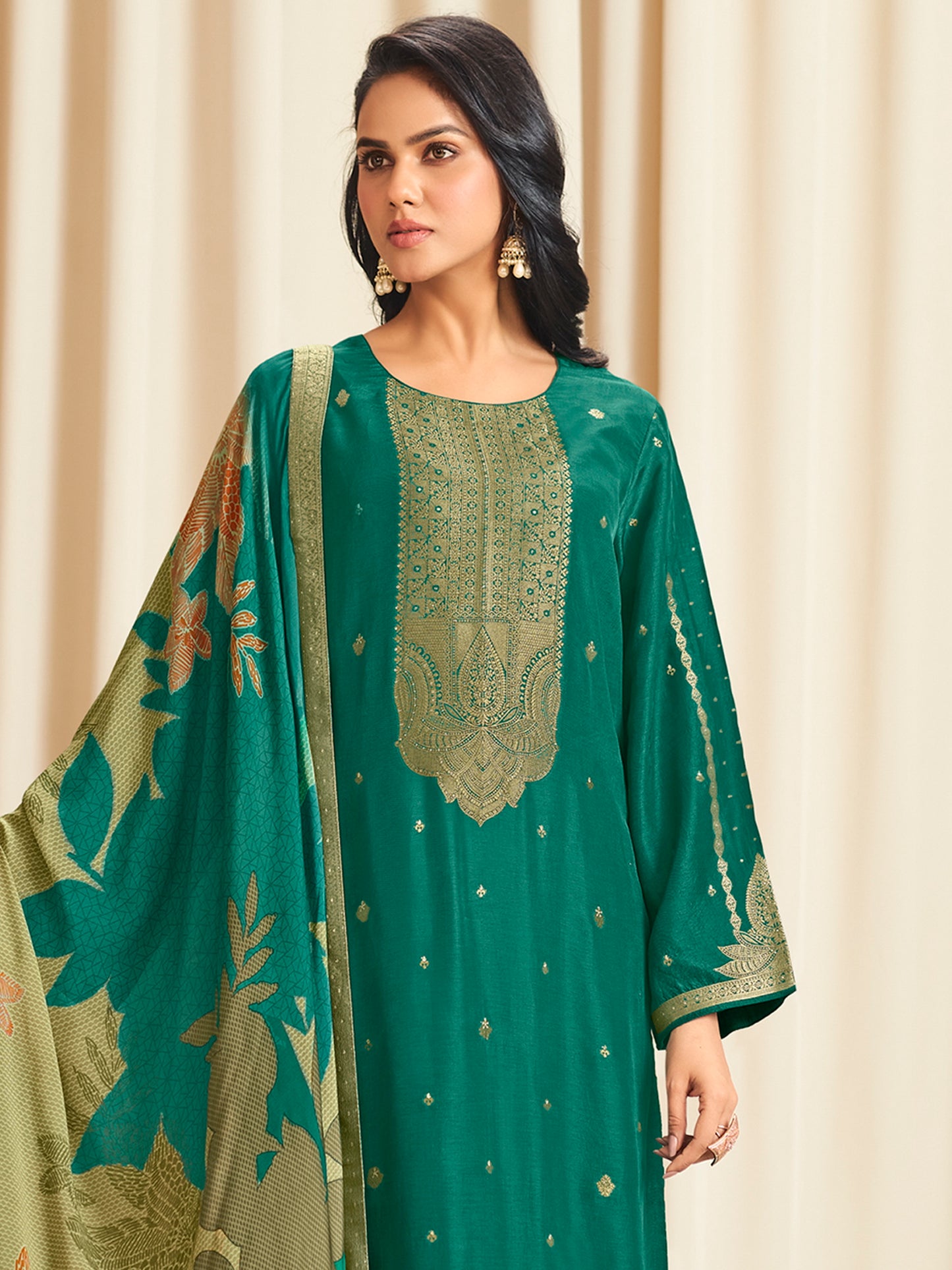 Enchanting Green Dola Silk Jacquard Designer Suit | Traditional Woven with Digital Print Dupatta| Unstitched Fabric