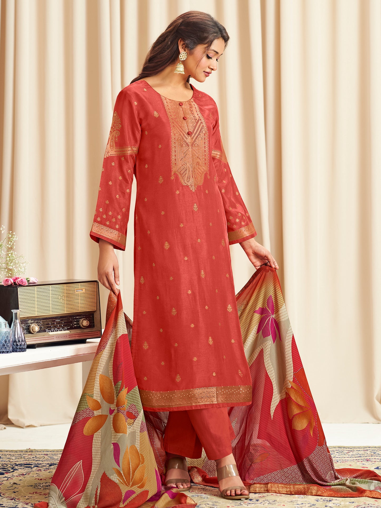 Luminous Orange Dola Silk Jacquard Designer Suit | Traditional Woven with Digital Print Dupatta| Unstitched Fabric