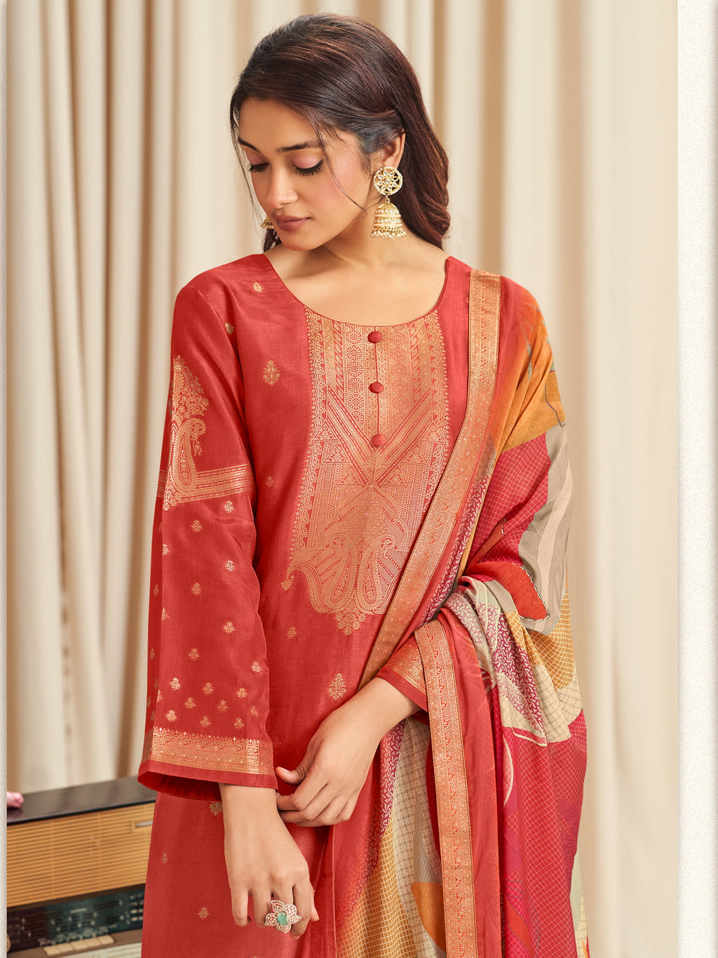 Luminous Orange Dola Silk Jacquard Designer Suit | Traditional Woven with Digital Print Dupatta