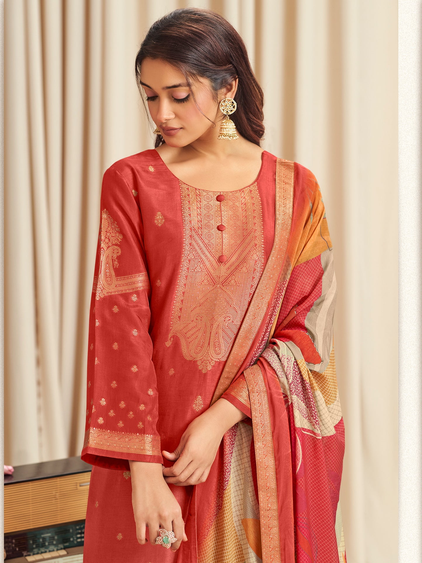 Luminous Orange Dola Silk Jacquard Designer Suit | Traditional Woven with Digital Print Dupatta| Unstitched Fabric