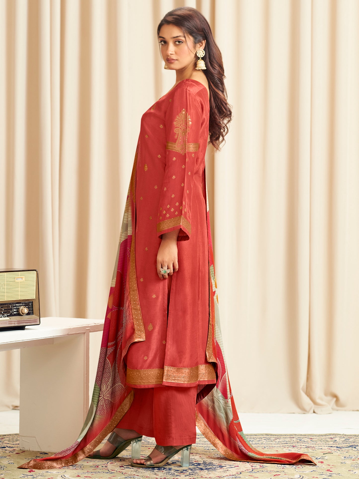 Luminous Orange Dola Silk Jacquard Designer Suit | Traditional Woven with Digital Print Dupatta| Unstitched Fabric