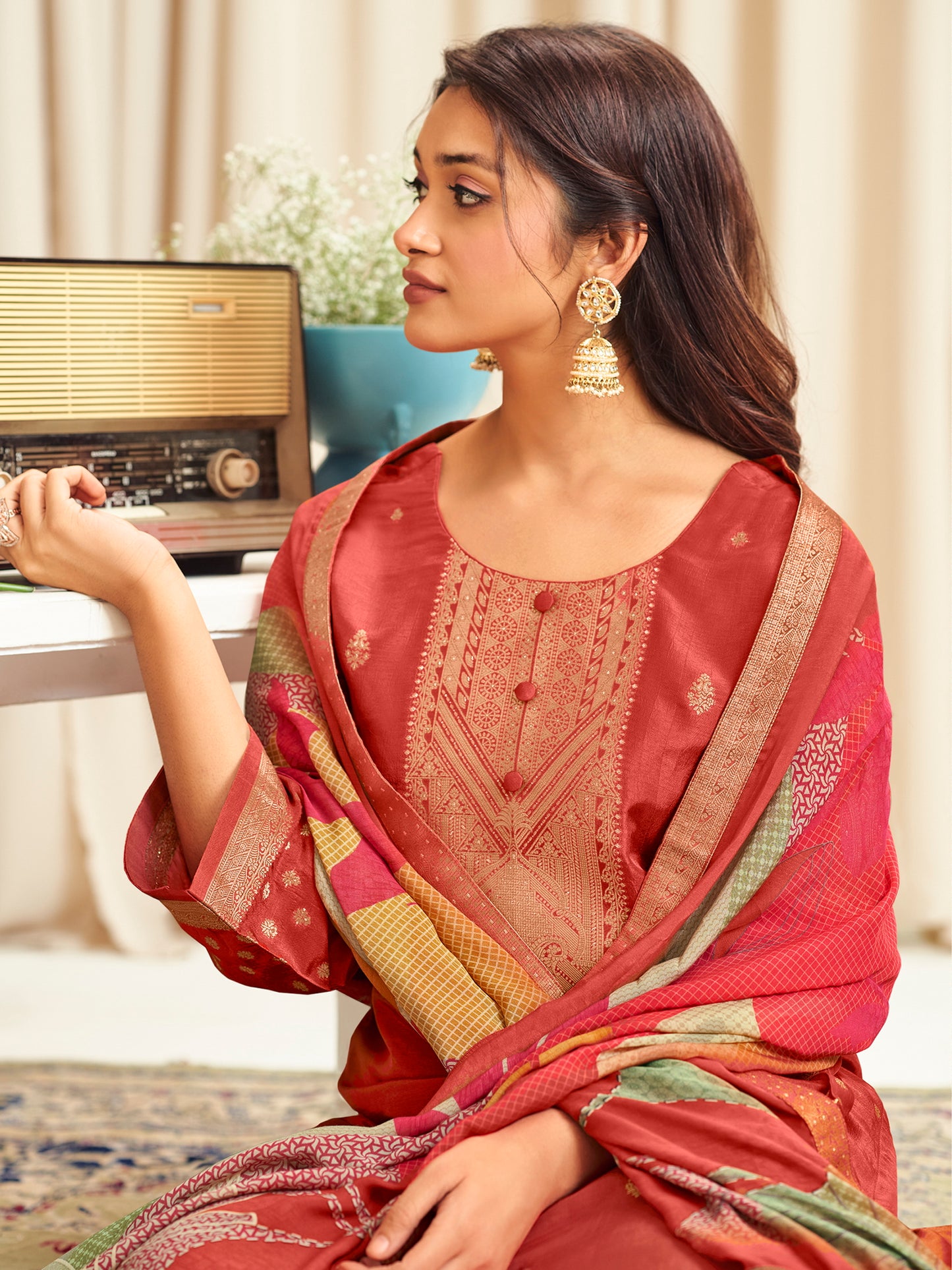 Luminous Orange Dola Silk Jacquard Designer Suit | Traditional Woven with Digital Print Dupatta| Unstitched Fabric