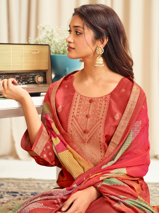 Luminous Orange Dola Silk Jacquard Designer Suit | Traditional Woven with Digital Print Dupatta| Unstitched Fabric