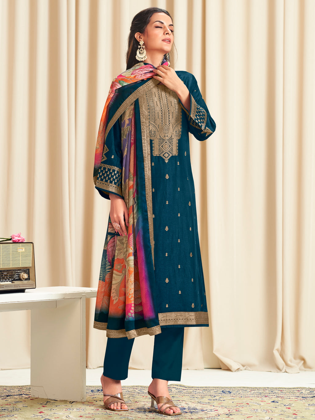 Navy Blue Dola Silk Jacquard Designer Suit | Traditional Woven with Multi-Toned Dupatta