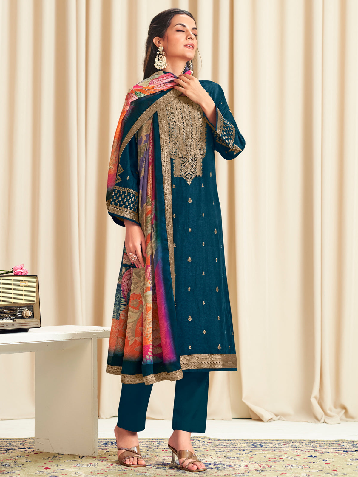 Navy Blue Dola Silk Jacquard Designer Suit | Traditional Woven with Multi-Toned Dupatta| Unstitched Fabric