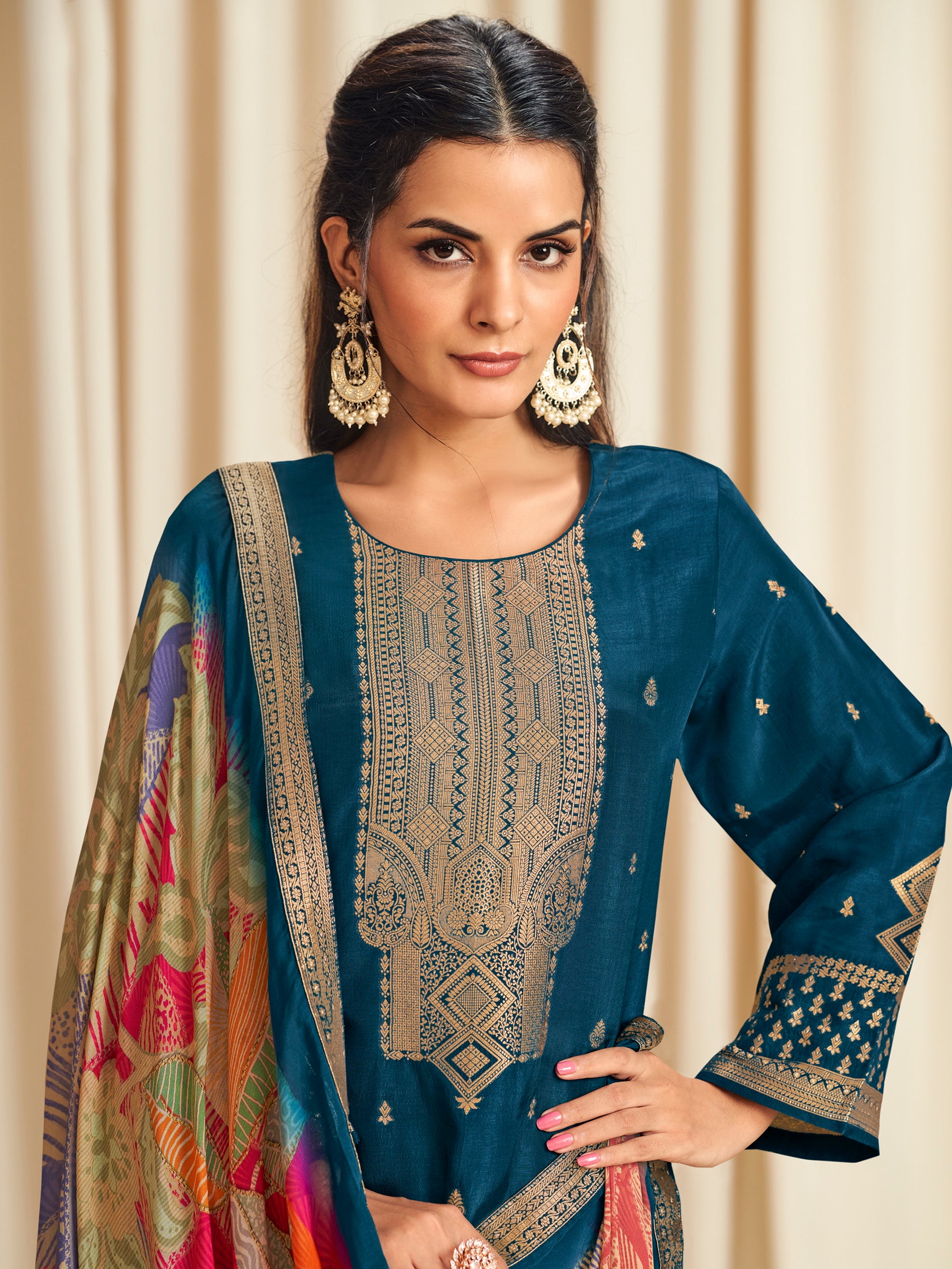 Navy Blue Dola Silk Jacquard Designer Suit | Traditional Woven with Multi-Toned Dupatta