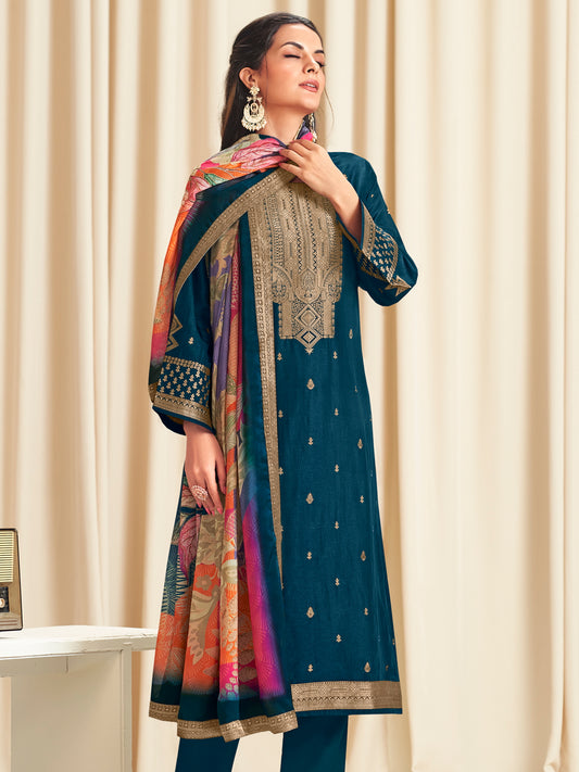 Navy Blue Dola Silk Jacquard Designer Suit | Traditional Woven with Multi-Toned Dupatta| Unstitched Fabric