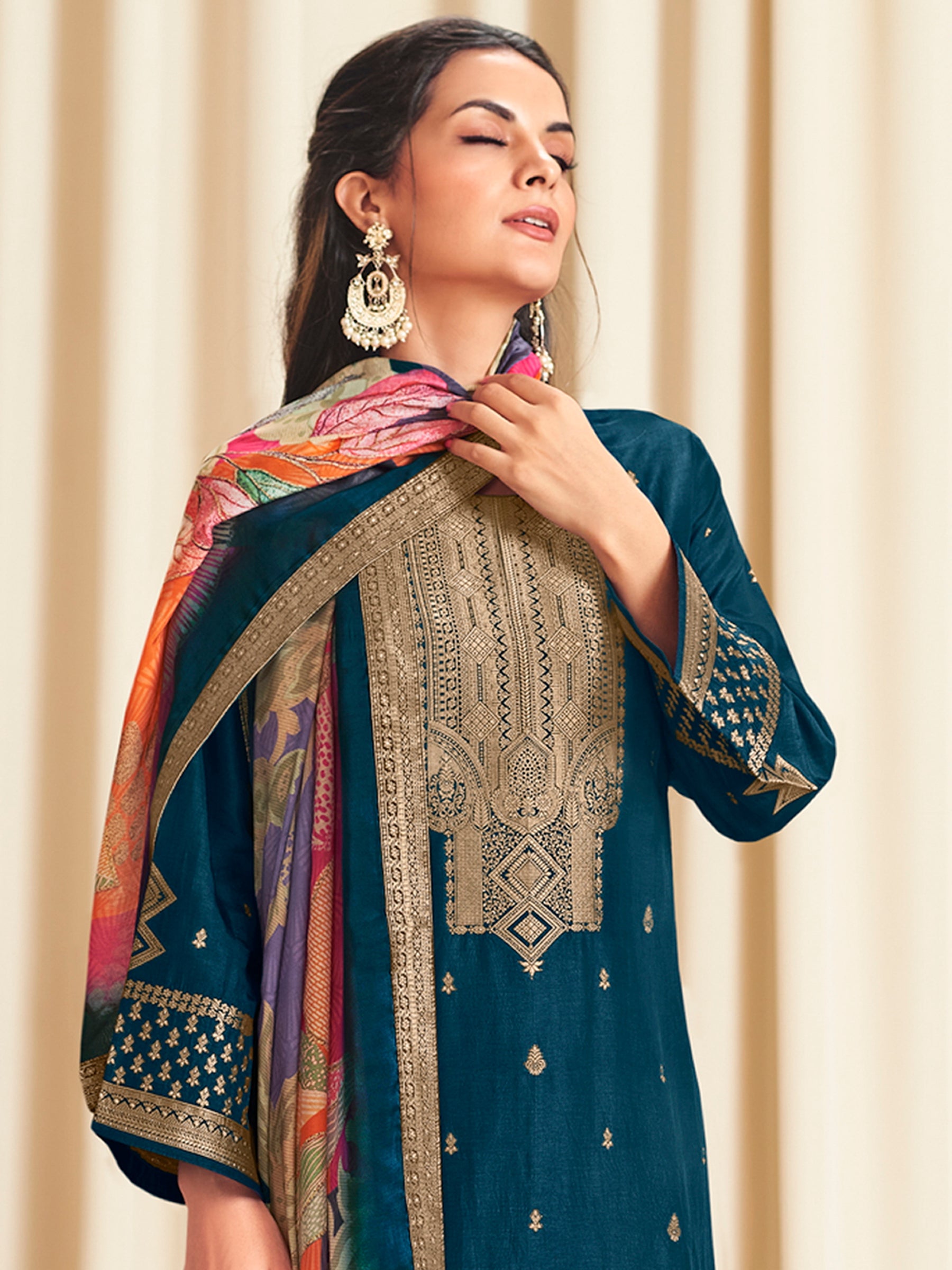 Navy Blue Dola Silk Jacquard Designer Suit | Traditional Woven with Multi-Toned Dupatta