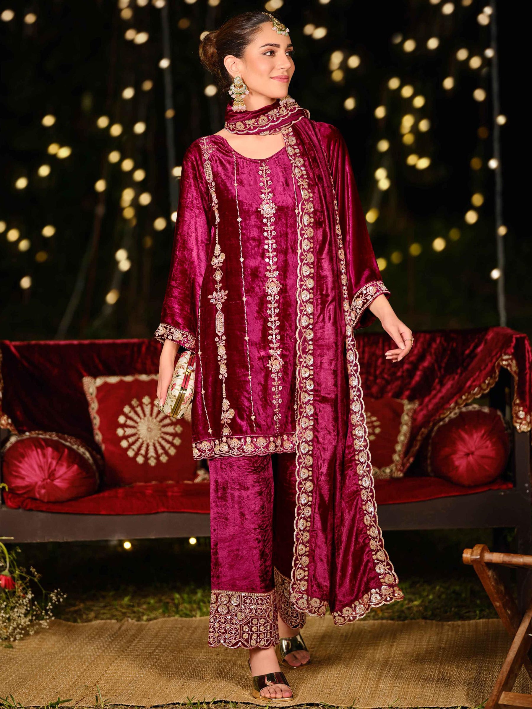 Royal Magenta Velvet Jardoshi Dress Material | Hand-Embroidered Beads & Sequin Couture