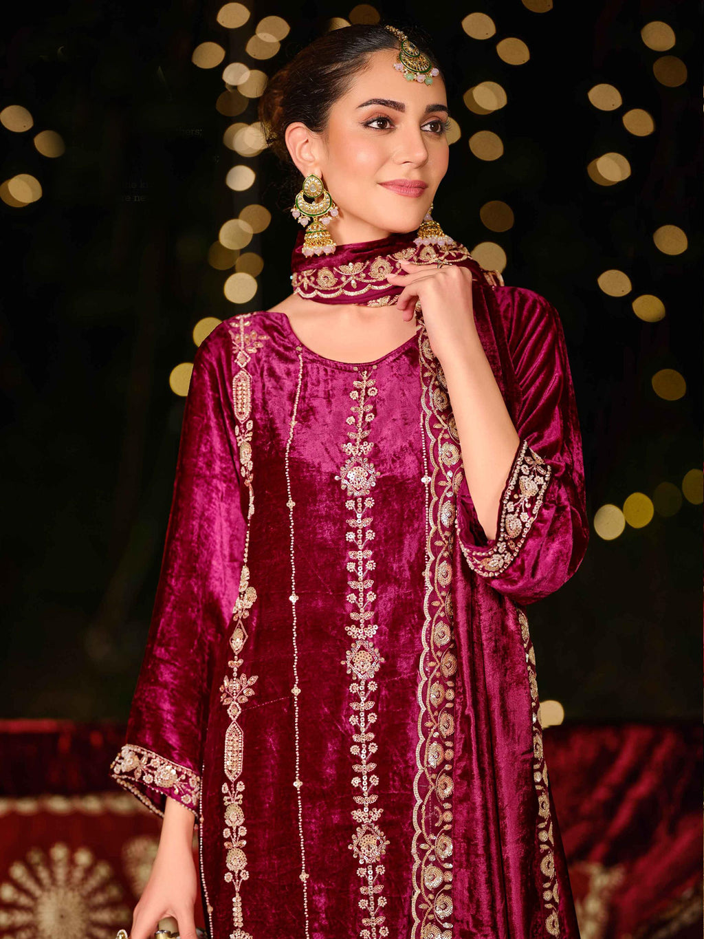 Royal Magenta Velvet Jardoshi Dress Material | Hand-Embroidered Beads & Sequin Couture