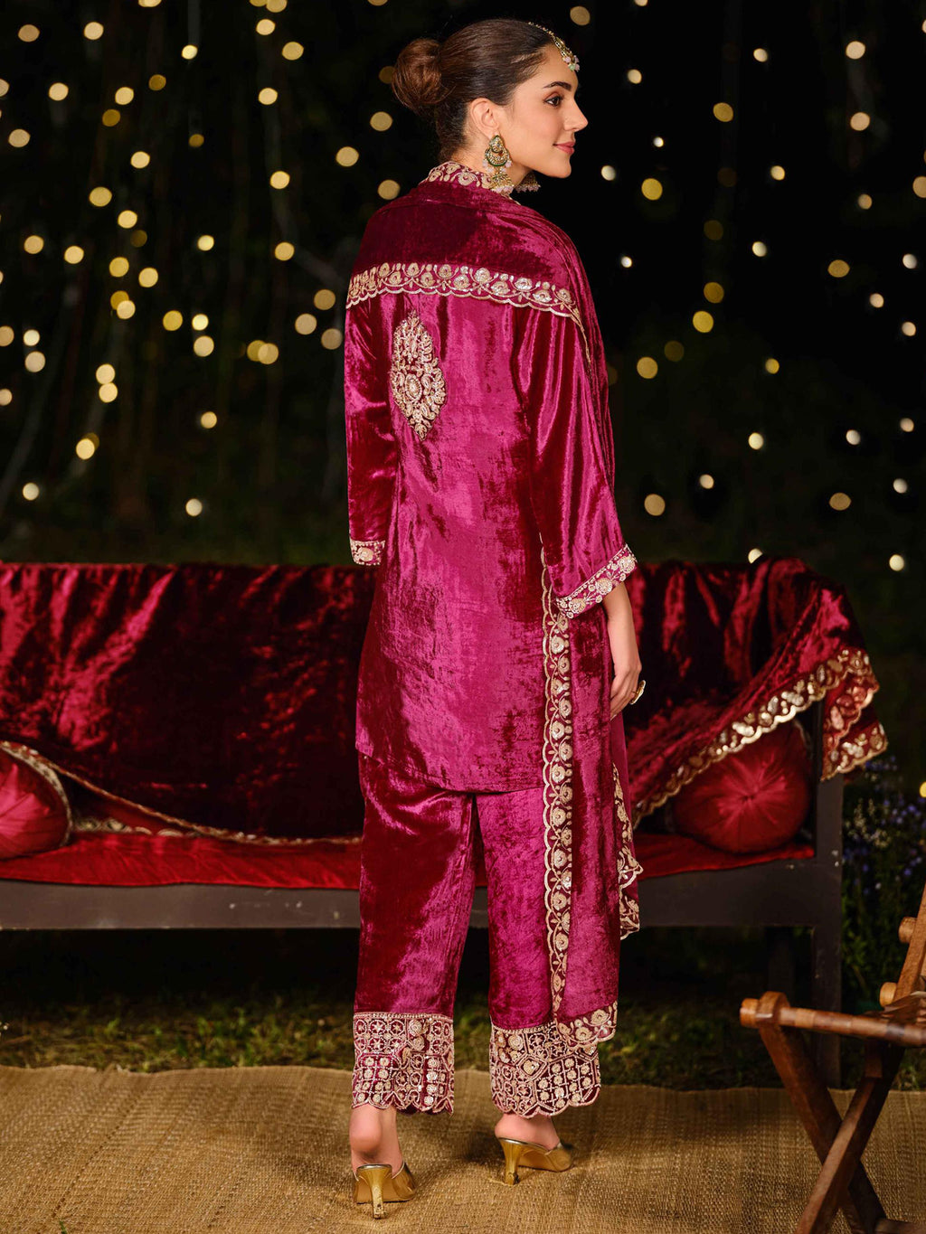 Royal Magenta Velvet Jardoshi Dress Material | Hand-Embroidered Beads & Sequin Couture