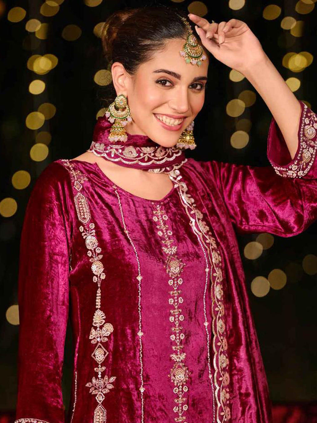 Royal Magenta Velvet Jardoshi Dress Material | Hand-Embroidered Beads & Sequin Couture