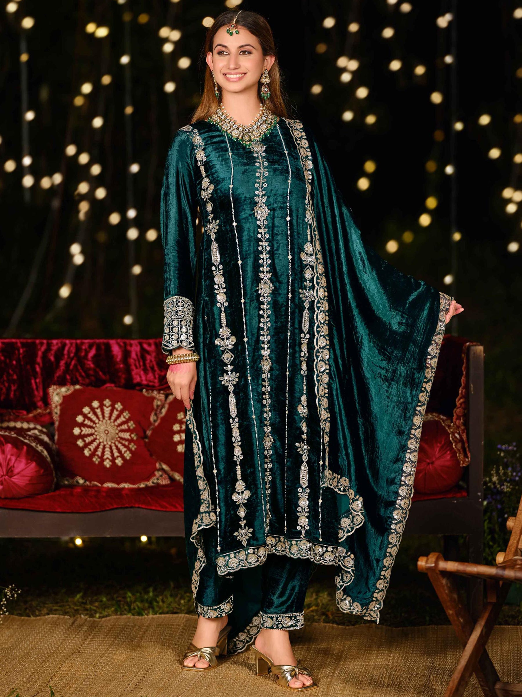 Enchanting Teal Velvet Jardoshi Dress Material | Hand-Embroidered Beads & Sequin Couture