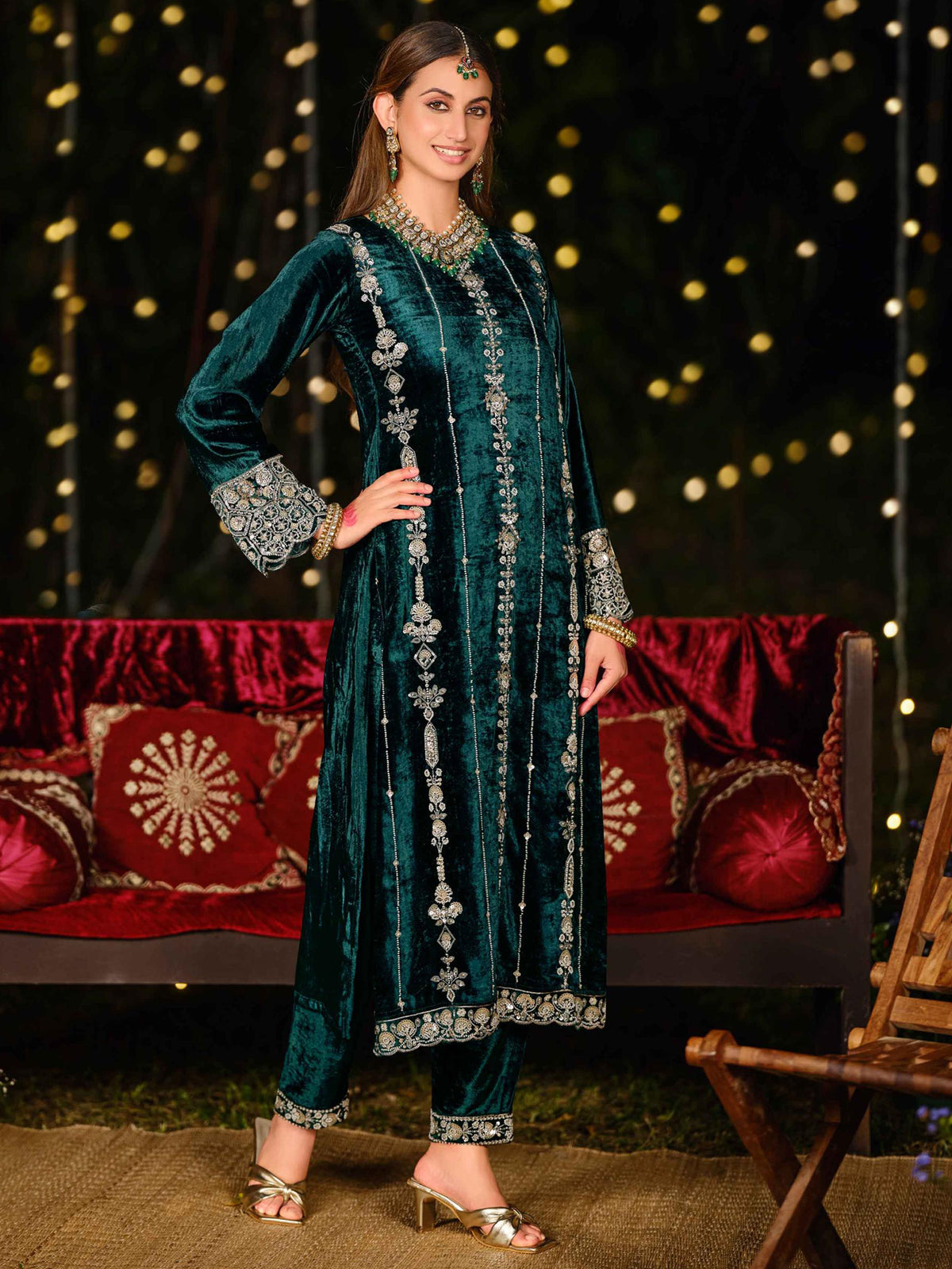 Enchanting Teal Velvet Jardoshi Dress Material | Hand-Embroidered Beads & Sequin Couture
