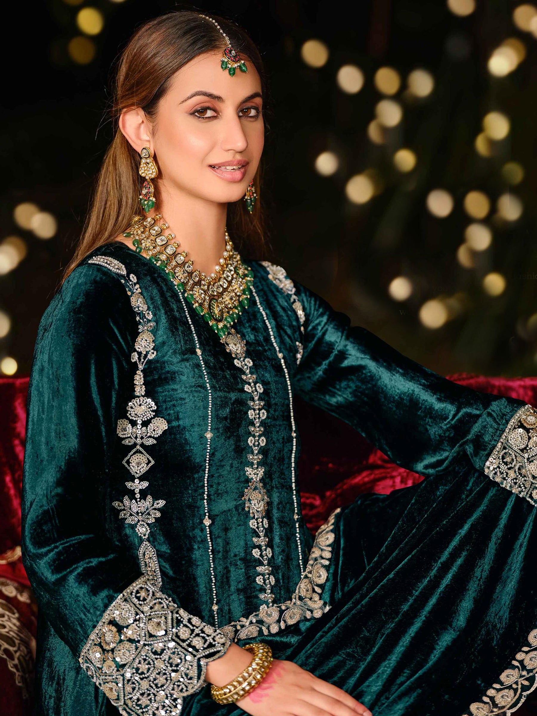 Enchanting Teal Velvet Jardoshi Dress Material | Hand-Embroidered Beads & Sequin Couture