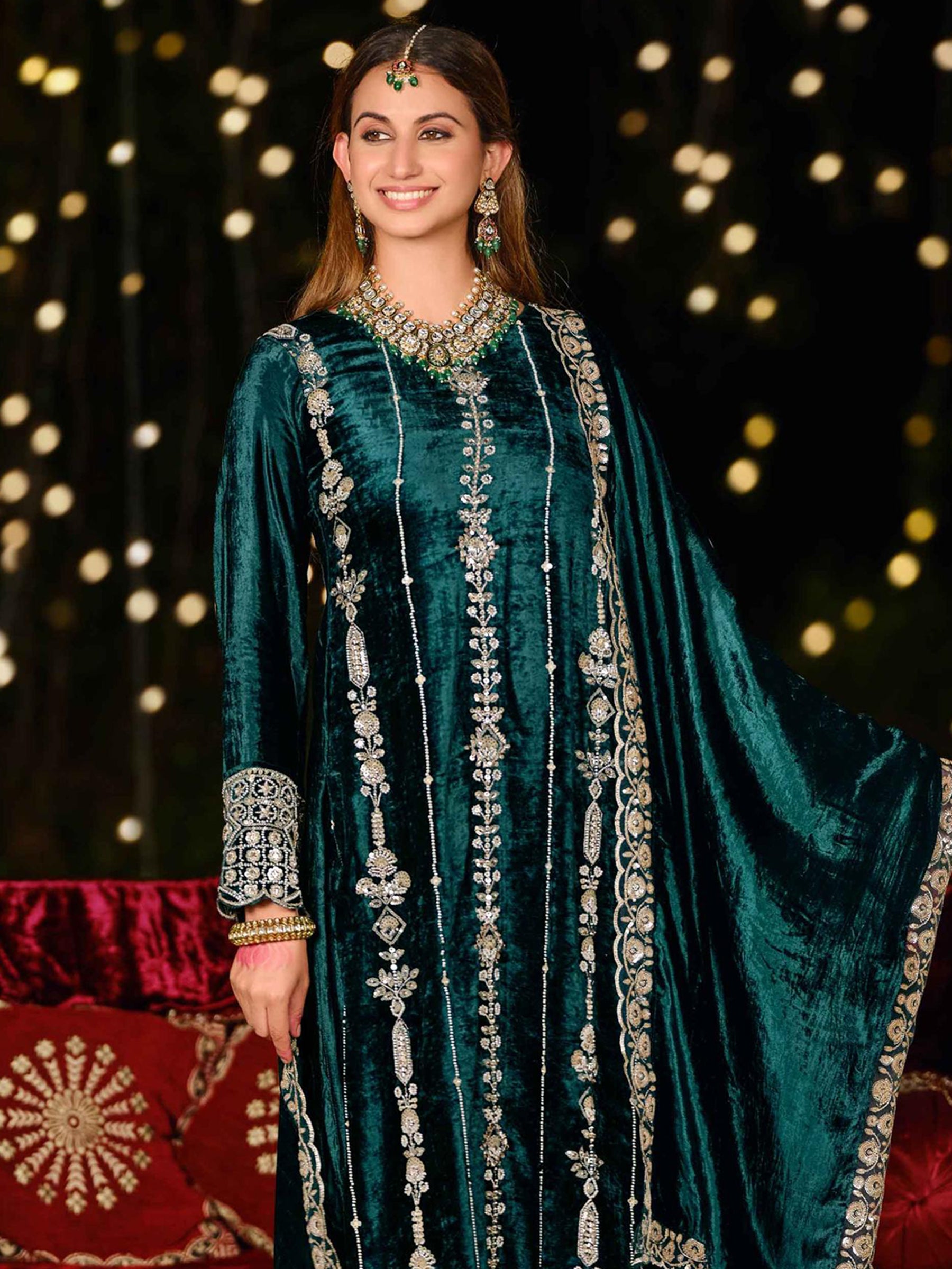 Enchanting Teal Velvet Jardoshi Dress Material | Hand-Embroidered Beads & Sequin Couture