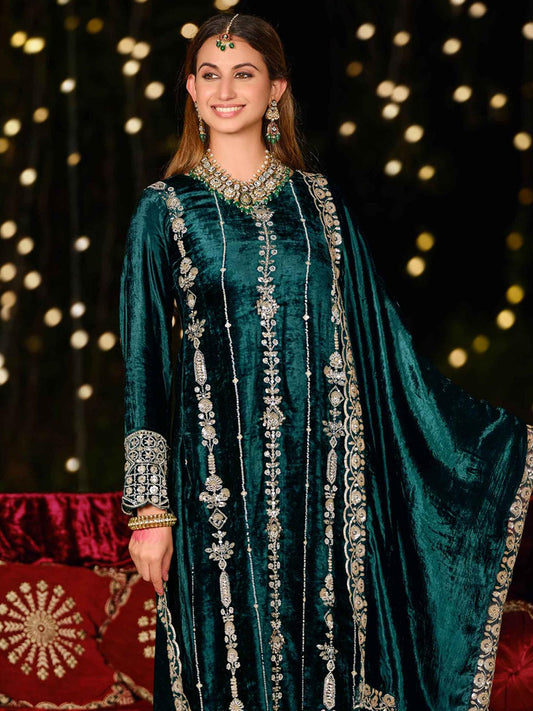 Enchanting Teal Velvet Jardoshi Dress Material | Hand-Embroidered Beads & Sequin Couture