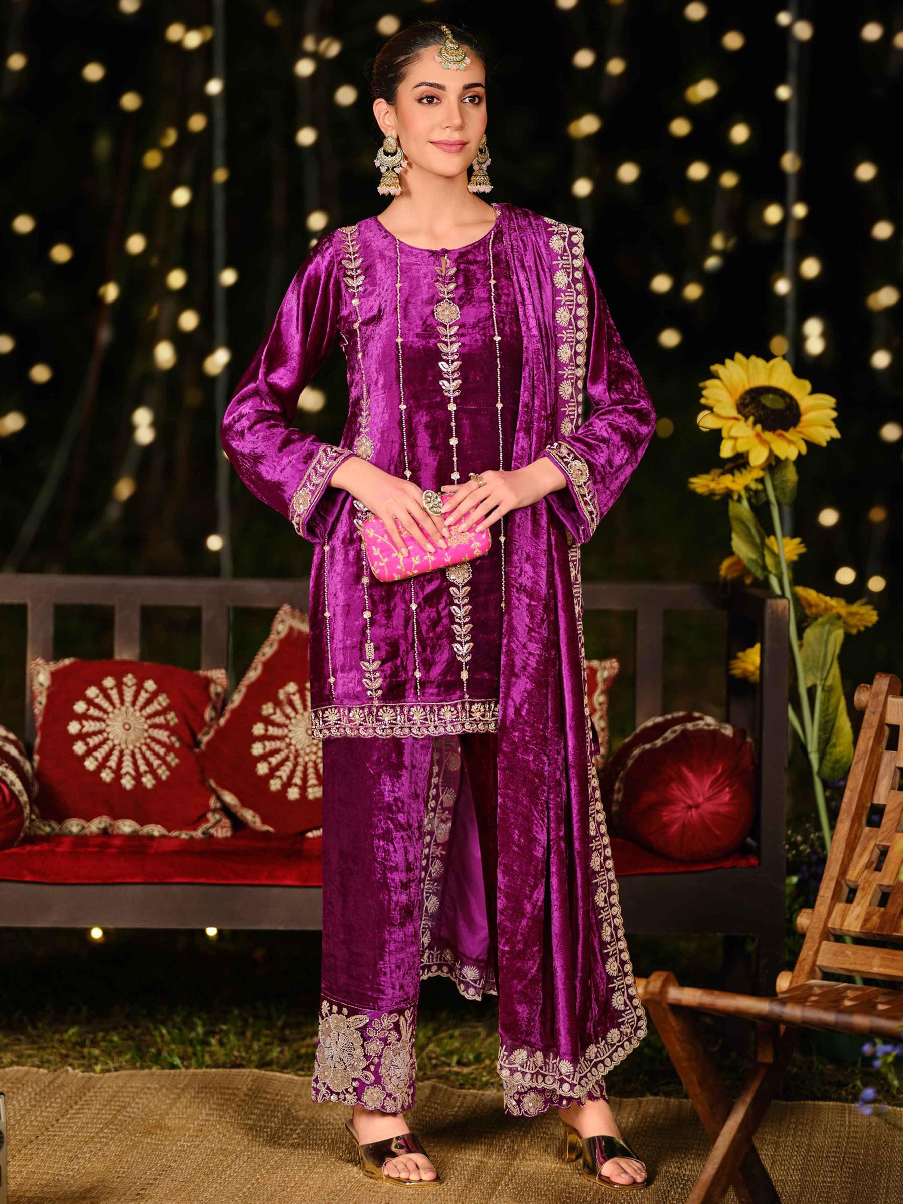 Regal Purple Velvet Jardoshi Dress Material | Hand-Embroidered Beads & Sequin Couture