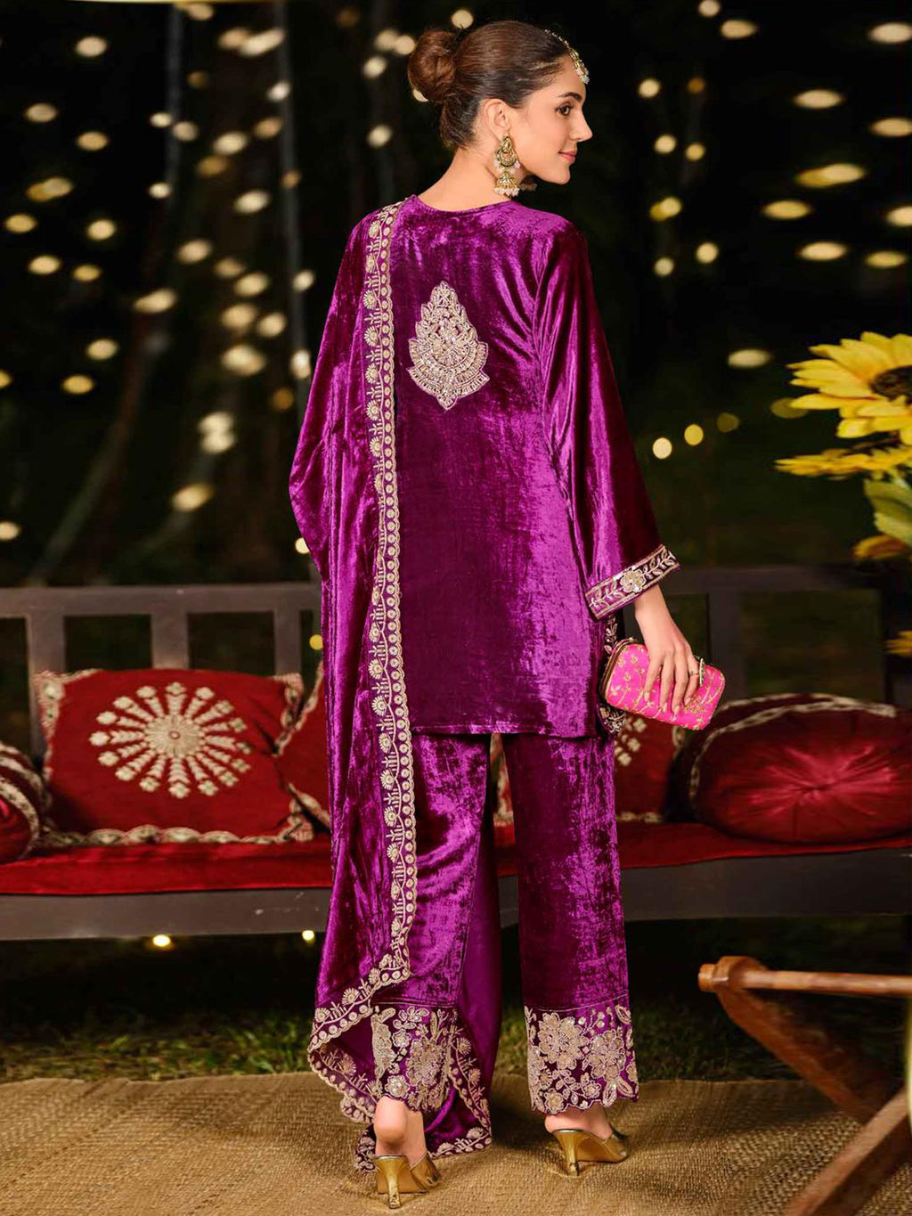 Regal Purple Velvet Jardoshi Dress Material | Hand-Embroidered Beads & Sequin Couture