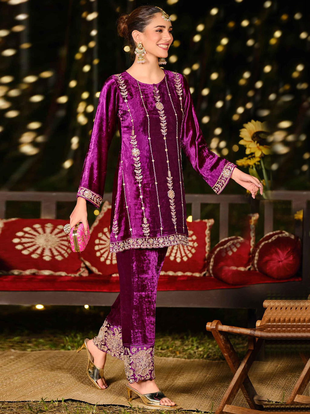 Regal Purple Velvet Jardoshi Dress Material | Hand-Embroidered Beads & Sequin Couture