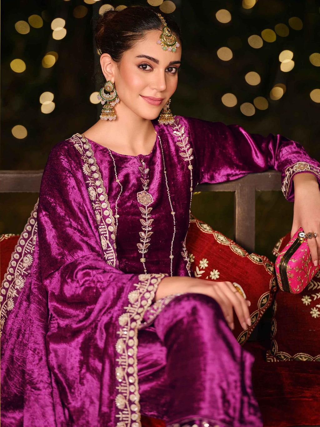 Regal Purple Velvet Jardoshi Dress Material | Hand-Embroidered Beads & Sequin Couture
