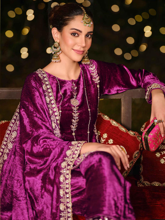 Regal Purple Velvet Jardoshi Dress Material | Hand-Embroidered Beads & Sequin Couture