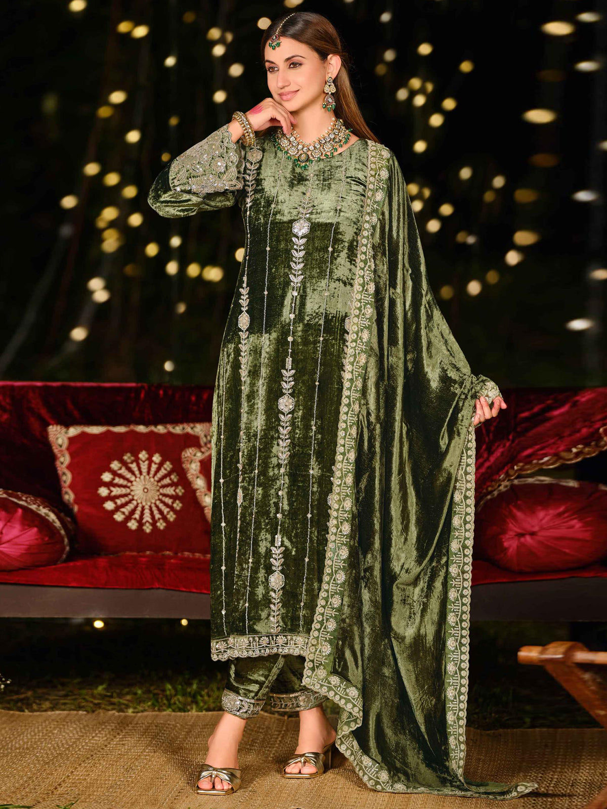 Earthy Olive Velvet Jardoshi Dress Material | Hand-Embroidered Beads & Sequin Couture