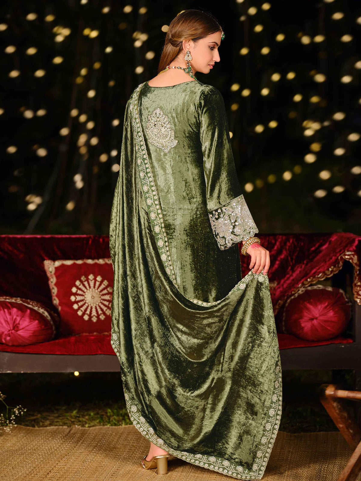 Earthy Olive Velvet Jardoshi Dress Material | Hand-Embroidered Beads & Sequin Couture