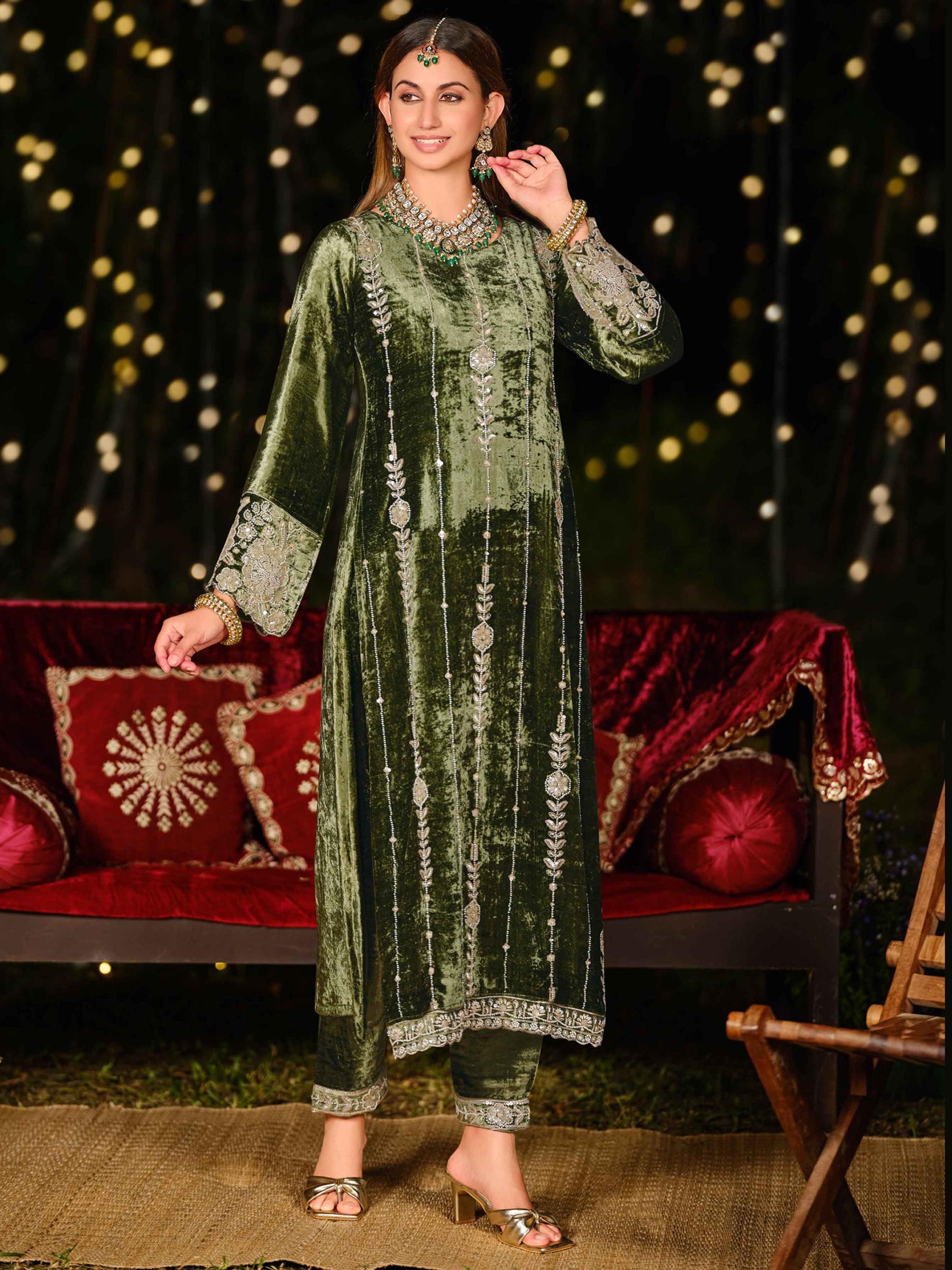 Earthy Olive Velvet Jardoshi Dress Material | Hand-Embroidered Beads & Sequin Couture