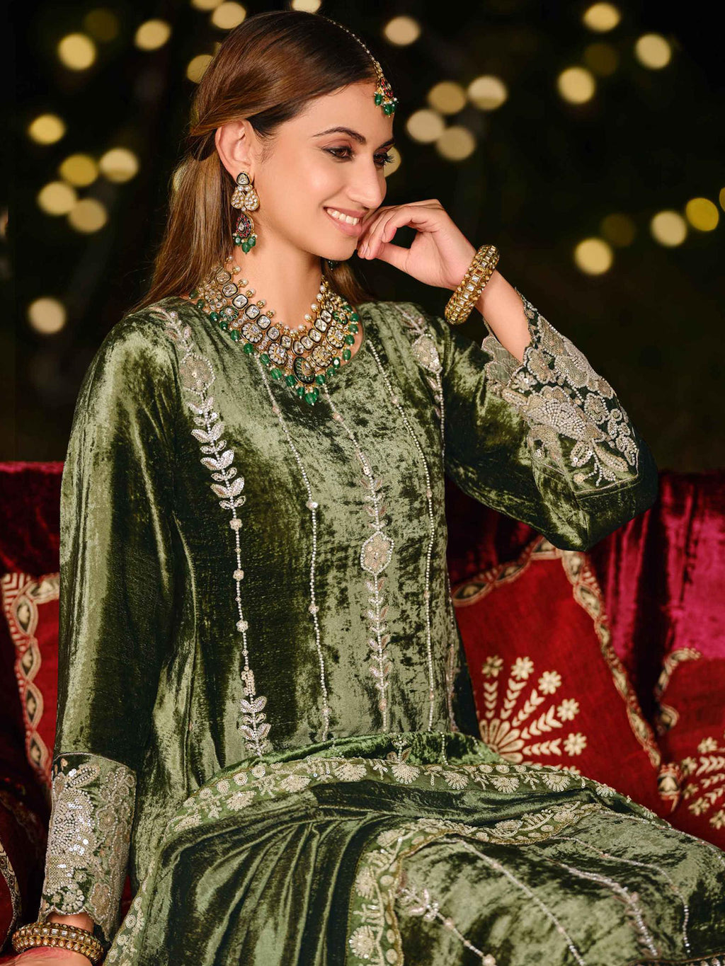Earthy Olive Velvet Jardoshi Dress Material | Hand-Embroidered Beads & Sequin Couture